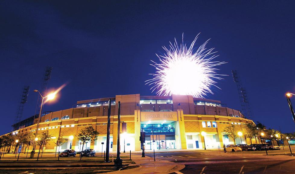 A fireworks show over Harbor Park